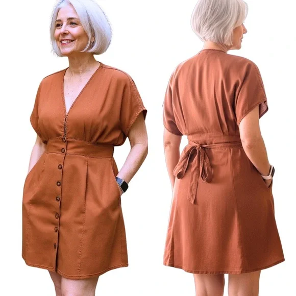 Quince Vintage Wash Tencel Button Front Dress Terracotta M - Picture 3 of 13